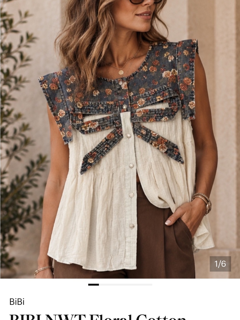 BiBi Cream Button Down Top with Blue Floral Yoke